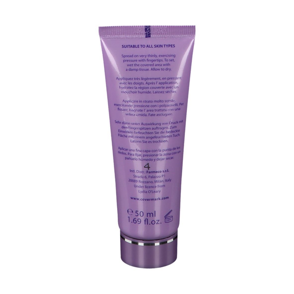 Rückseite der COVERMARK Leg Magic Tube. Text in mehreren Sprachen. 50 ml. Geeignet für alle Hauttypen.