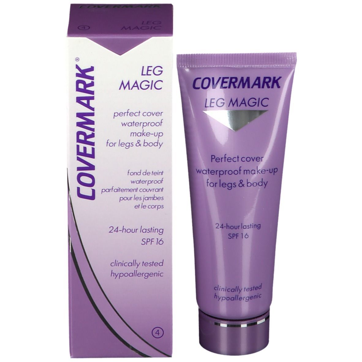 COVERMARK Leg Magic Tube und Verpackung. Lila Verpackung mit Produktinformationen. SPF 16. Hypoallergen.