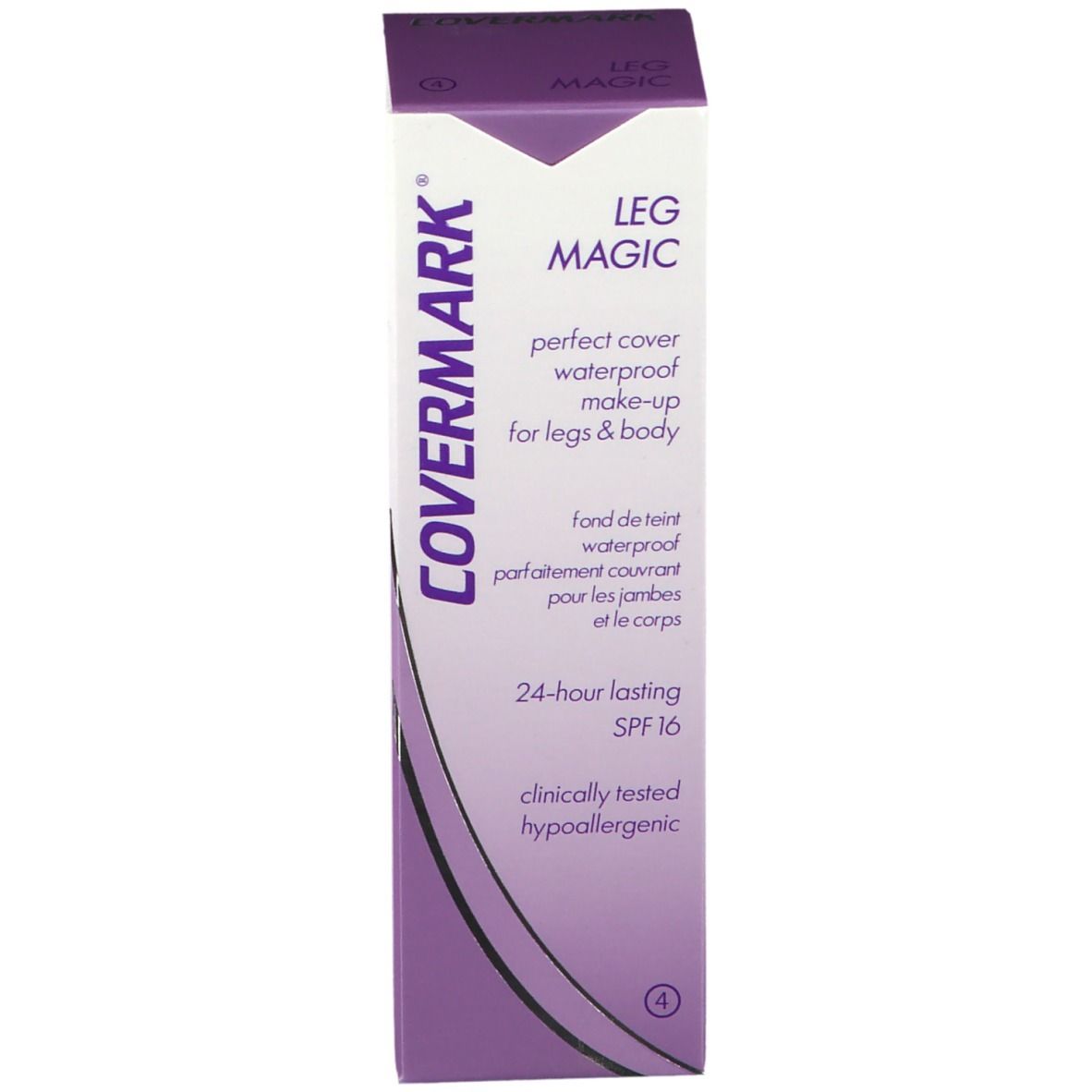 COVERMARK Leg Magic Verpackung. Lila Verpackung mit Produktinformationen. SPF 16. Hypoallergen.