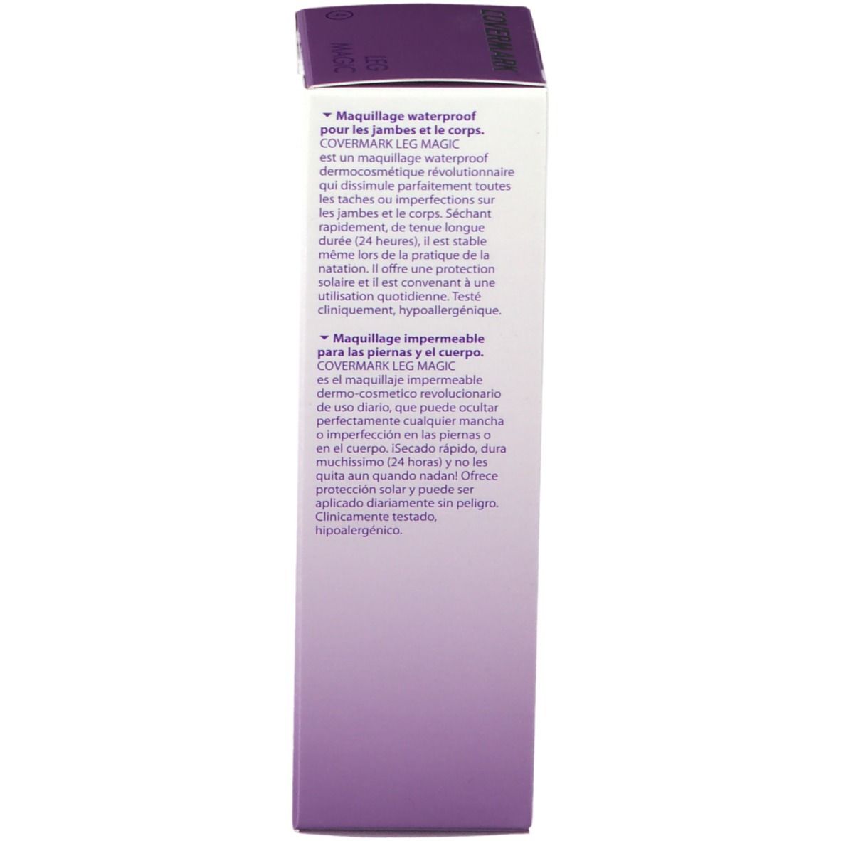 Rückseite der COVERMARK Leg Magic Verpackung. Text in mehreren Sprachen. Produktbeschreibung.