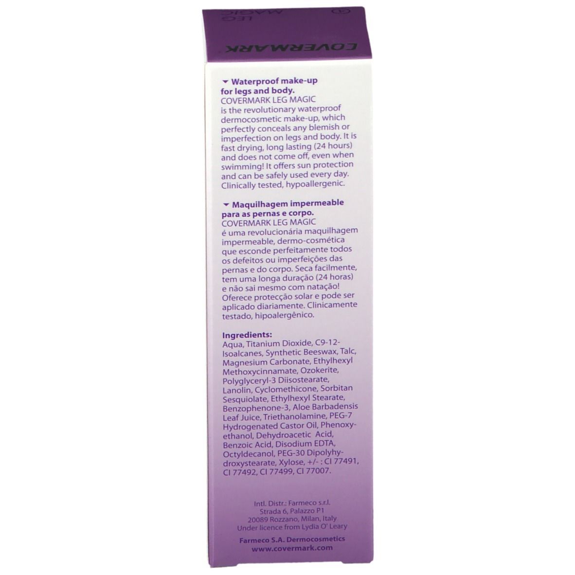 Rückseite der COVERMARK Leg Magic Verpackung. Inhaltsstoffe. Text in mehreren Sprachen. Produktbeschreibung.