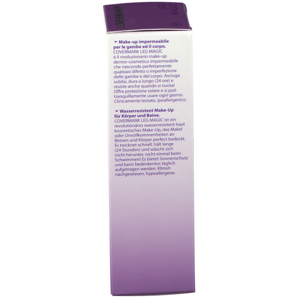 Rückseite der COVERMARK Leg Magic Verpackung. Text in mehreren Sprachen. Produktbeschreibung.
