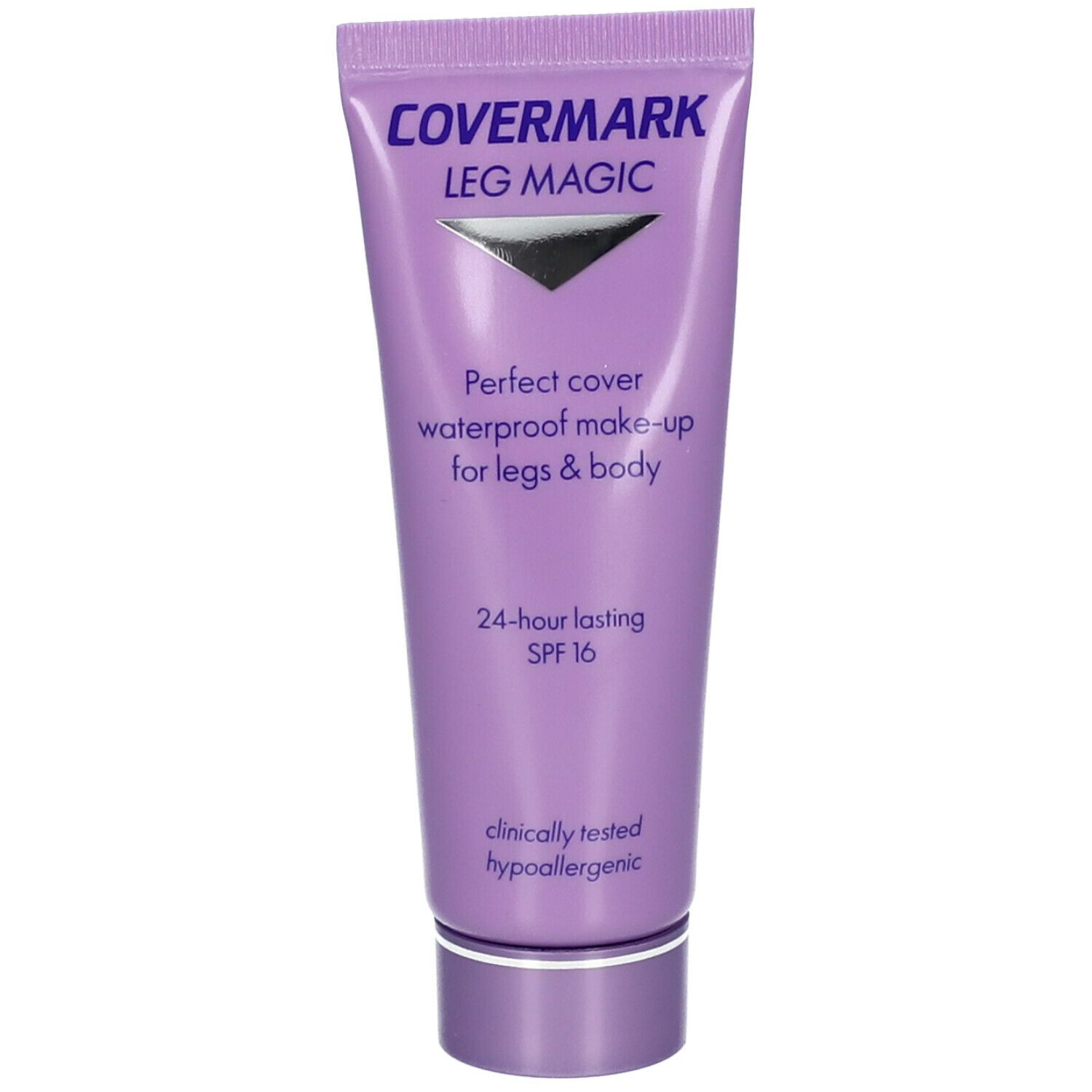COVERMARK® Leg Magic Tube. Lila Tube mit Produktinformationen. Enthält SPF 16. Klinisch getestet, hypoallergen.