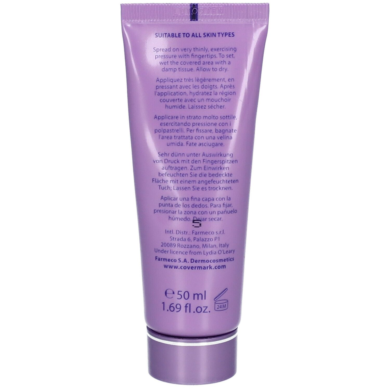 Rückseite der COVERMARK® Leg Magic Tube. Gebrauchsanweisung in mehreren Sprachen. 50 ml. Geeignet für alle Hauttypen.