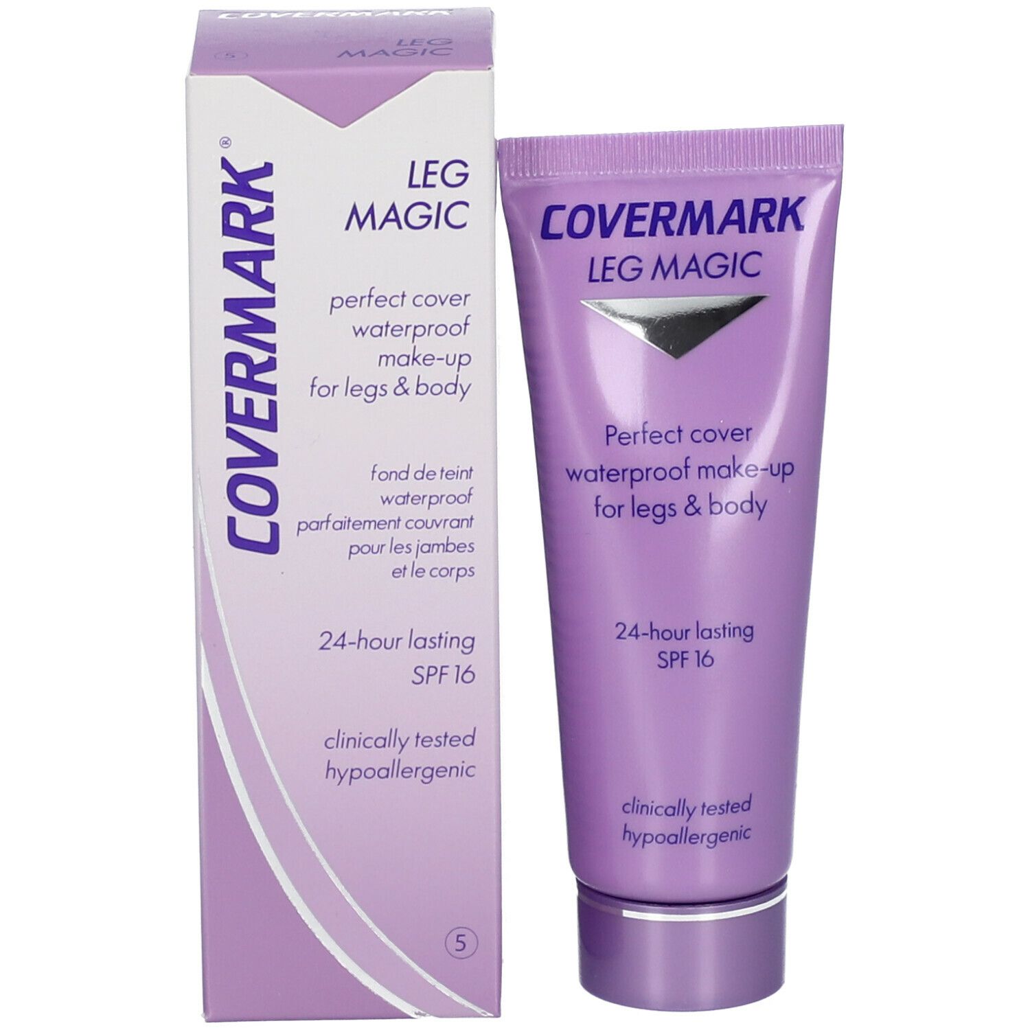 COVERMARK® Leg Magic und Verpackung. Lila Tube und Schachtel. Produktname und Informationen. SPF 16. Klinisch getestet.