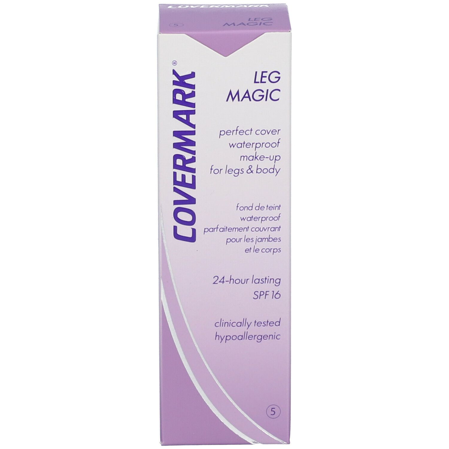 COVERMARK® Leg Magic Verpackung. Lila Schachtel mit Produktinformationen. SPF 16. Klinisch getestet, hypoallergen.