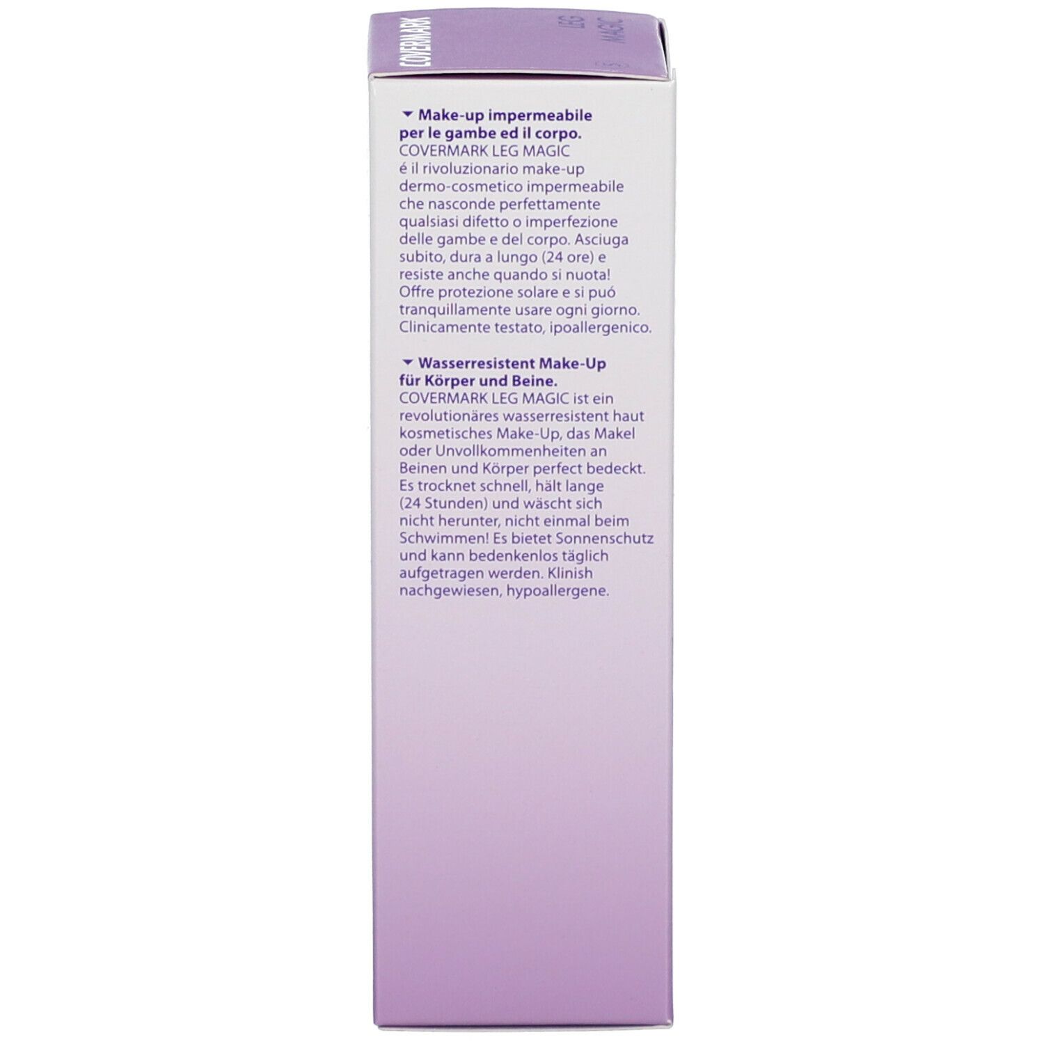 Rückseite der COVERMARK® Leg Magic Verpackung. Produktinformationen in mehreren Sprachen. Klinisch getestet, hypoallergen.