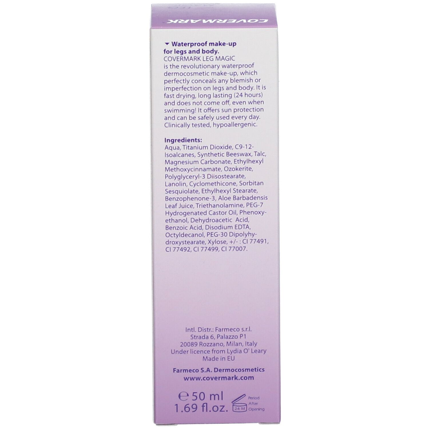 Rückseite der COVERMARK® Leg Magic Verpackung. Inhaltsstoffe und Herstellerinformationen. 50 ml.
