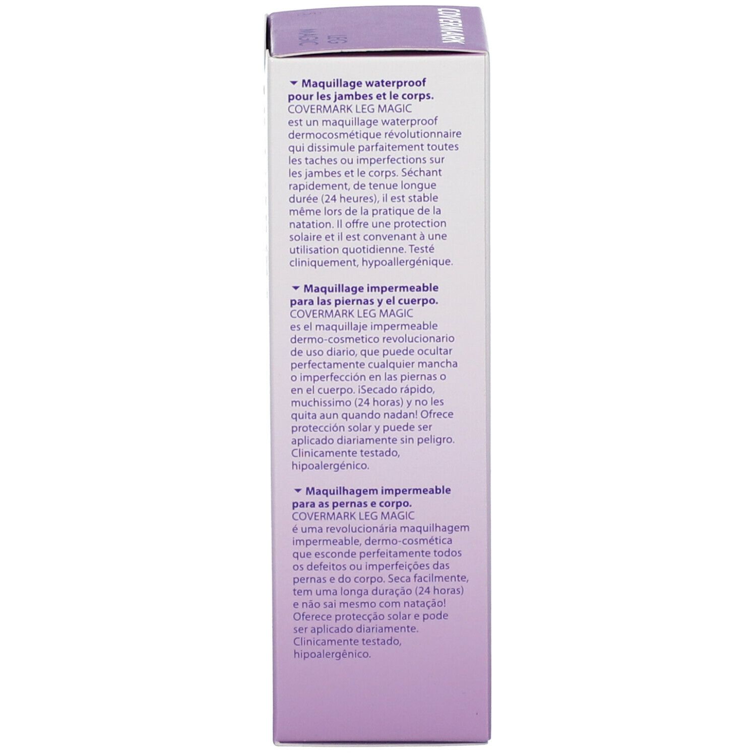 COVERMARK® Leg Magic Verpackung. Produktinformationen in mehreren Sprachen. Klinisch getestet, hypoallergen.