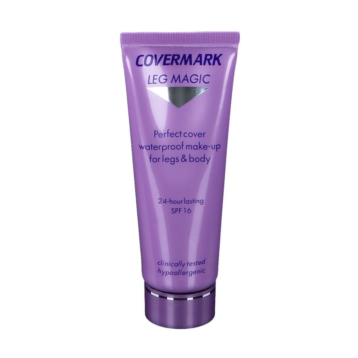 COVERMARK® Leg Magic Tube. Lila Tube mit Produktinformationen. SPF 16. Hypoallergen.