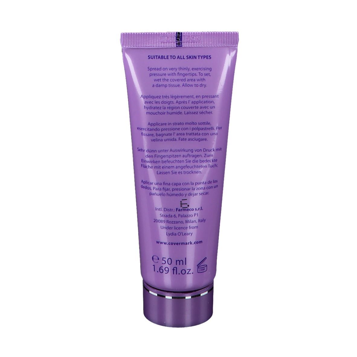 Rückseite der COVERMARK® Leg Magic Tube. Text mit Anwendungshinweisen in mehreren Sprachen.