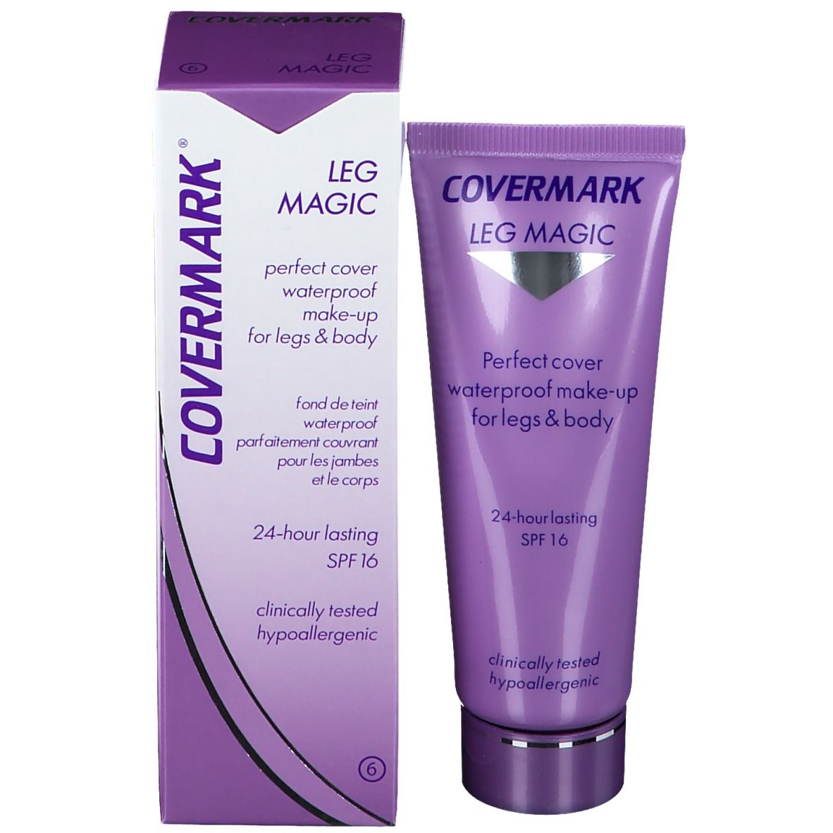 COVERMARK® Leg Magic und Verpackung. Lila Tube und Schachtel. Produktinformationen und SPF 16.
