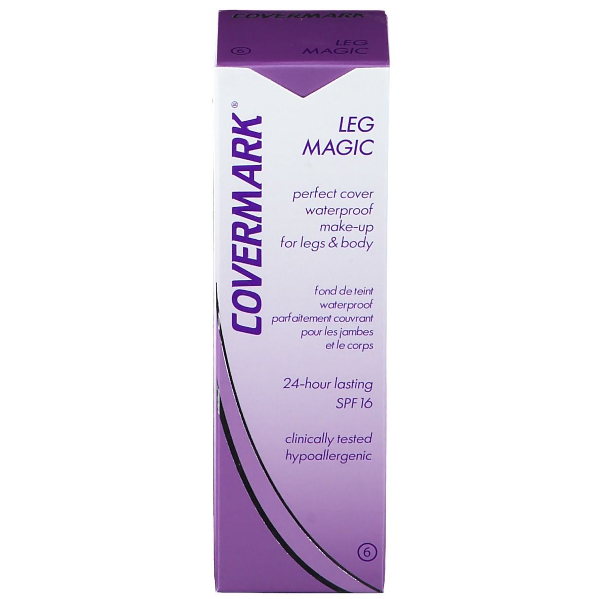 COVERMARK® Leg Magic Verpackung. Lila Schachtel mit Produktinformationen und SPF 16.