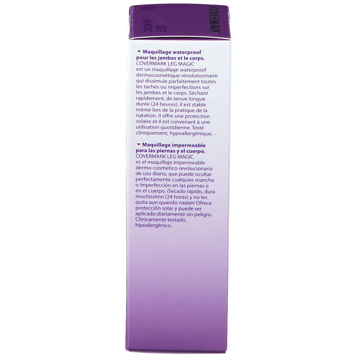 Rückseite der COVERMARK® Leg Magic Verpackung. Text in mehreren Sprachen.