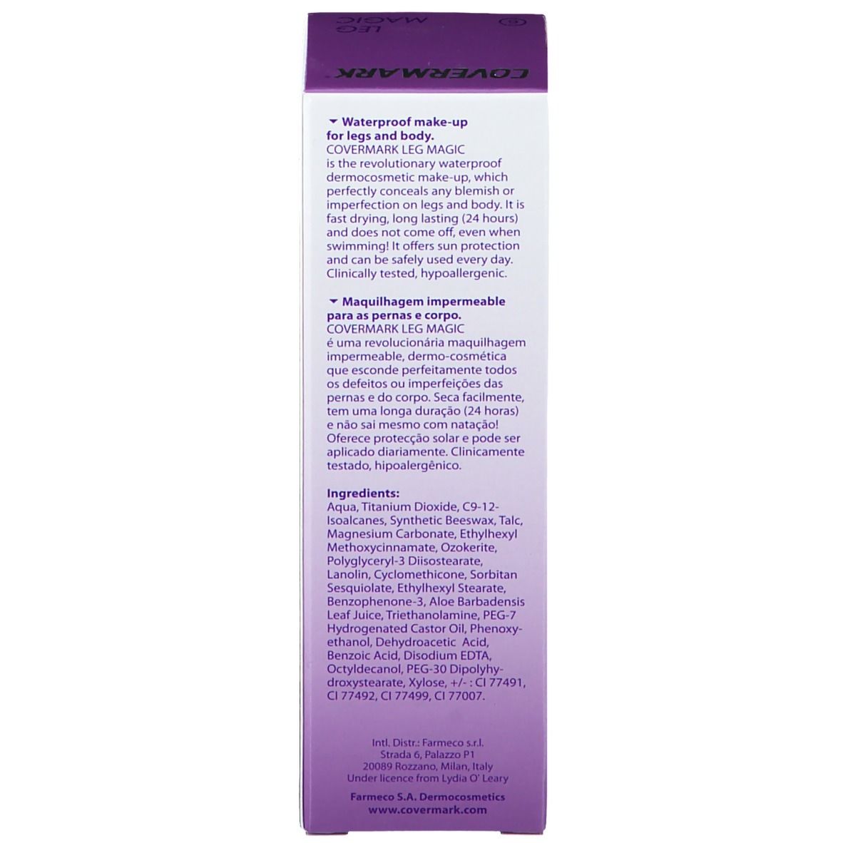 Rückseite der COVERMARK® Leg Magic Verpackung. Inhaltsstoffe und weitere Informationen.