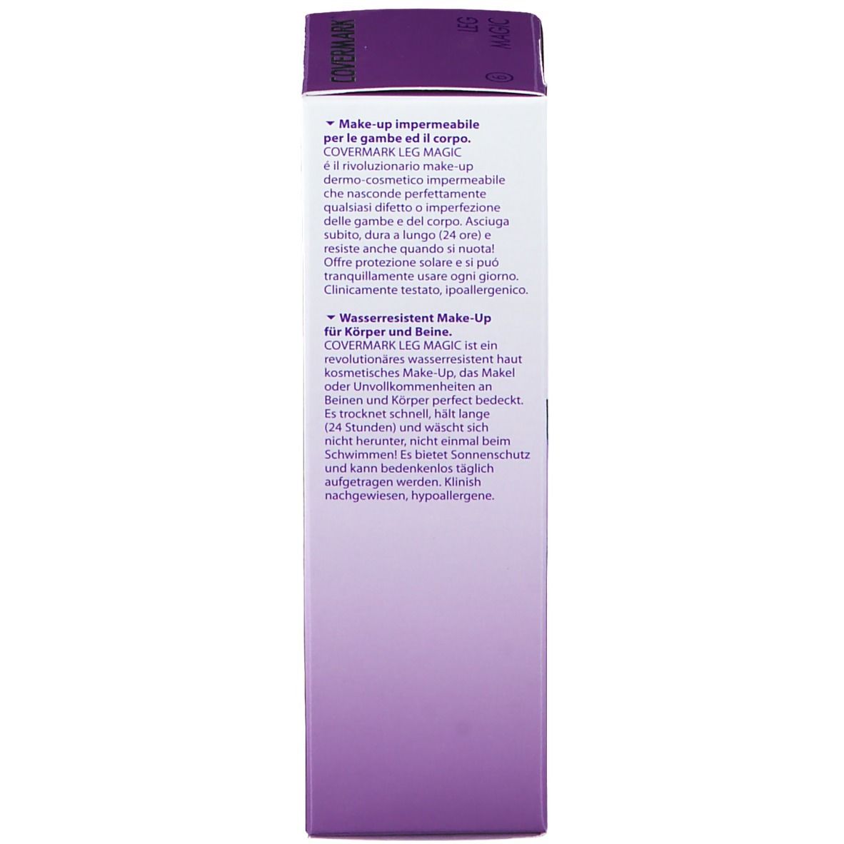 Rückseite der COVERMARK® Leg Magic Verpackung. Text in mehreren Sprachen.