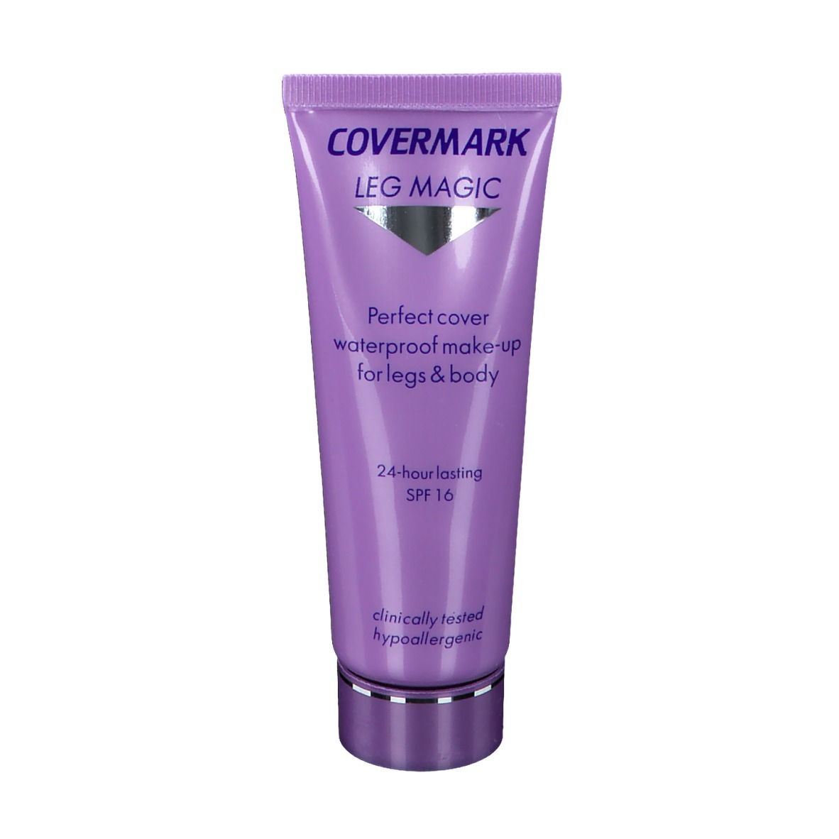 Covermark Leg Magic Tube. Lila Tube mit Produktnamen und Text. 24 Stunden haltbar, SPF 16. Hypoallergen.