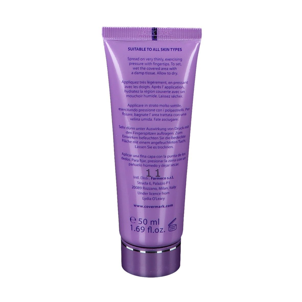 Rückseite der Covermark Leg Magic Tube. Text in mehreren Sprachen. Inhaltsstoffe, Adresse und Volumenangabe.