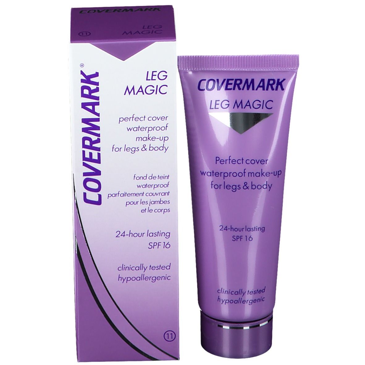 Covermark Leg Magic Tube und Verpackung. Lila Tube und Schachtel mit Produktnamen und Text. SPF 16.