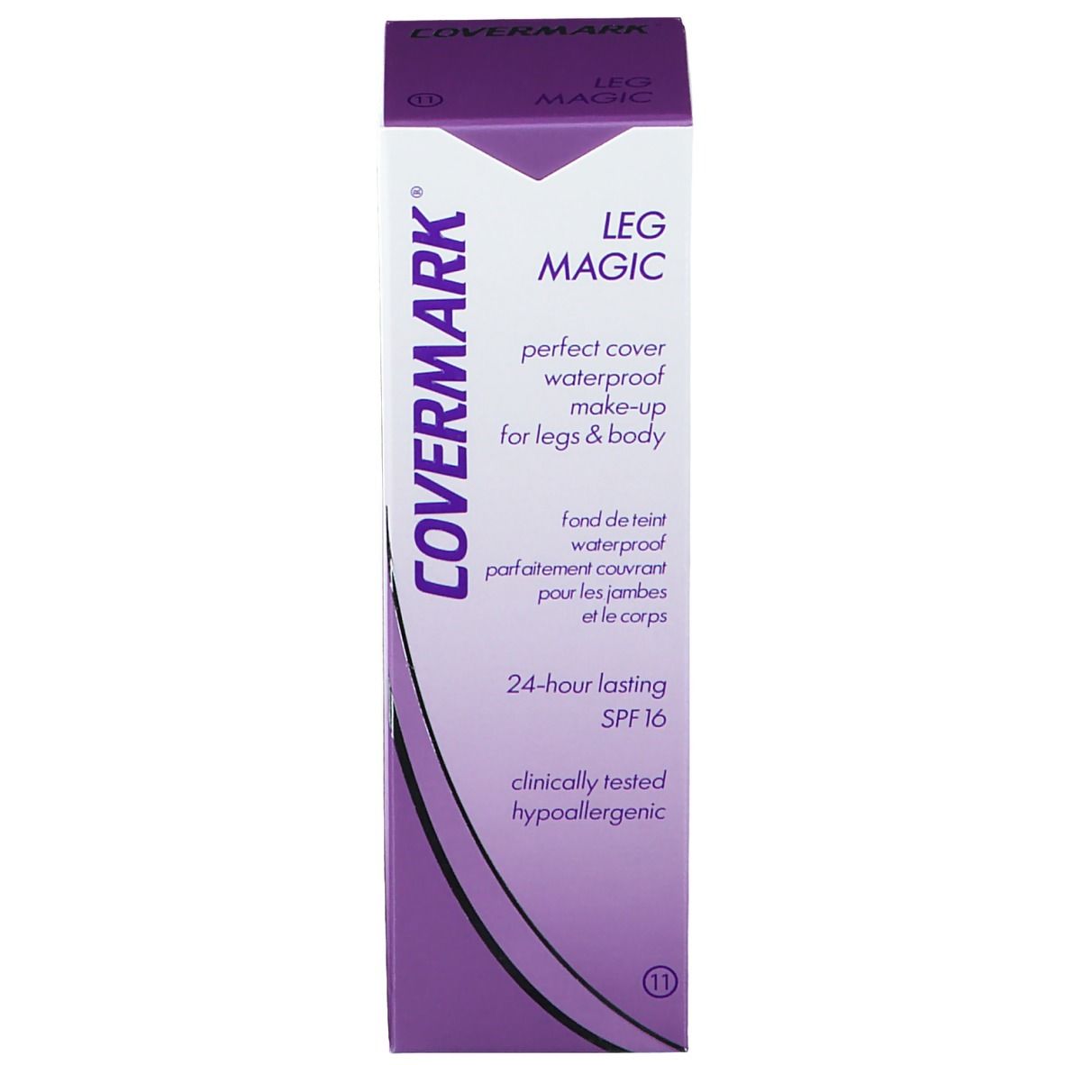 Covermark Leg Magic Verpackung. Lila Schachtel mit Produktnamen und Text. 24 Stunden haltbar, SPF 16.