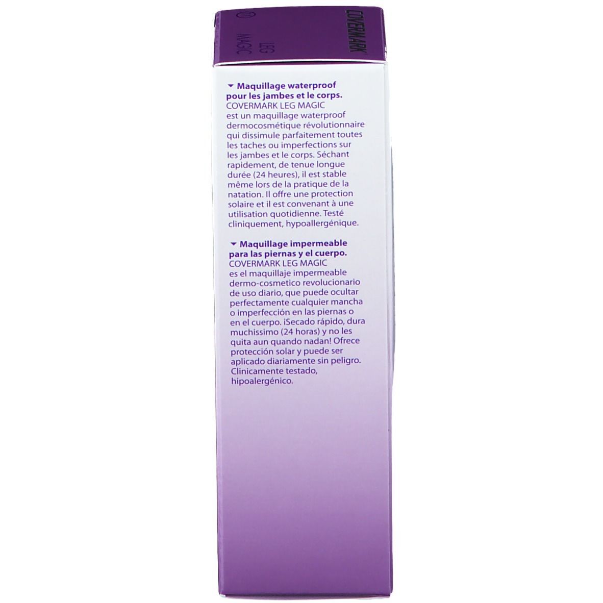 Covermark Leg Magic Verpackung. Text in mehreren Sprachen. Beschreibung des Produkts und Inhaltsstoffe.