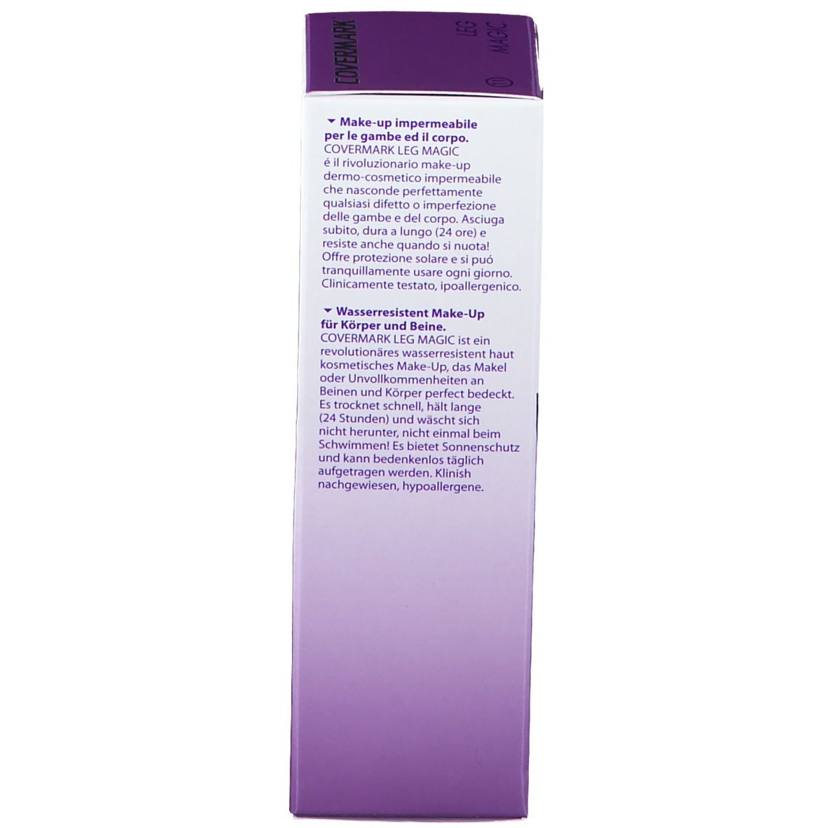Covermark Leg Magic Verpackung. Text in mehreren Sprachen. Beschreibung des Produkts und Inhaltsstoffe.