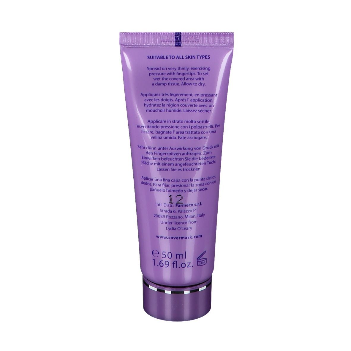 Rückseite der COVERMARK Leg Magic Tube. Text: Für alle Hauttypen geeignet. 50 ml. 1.69 fl.oz. Inhaltsstoffe. Adresse des Herstellers.