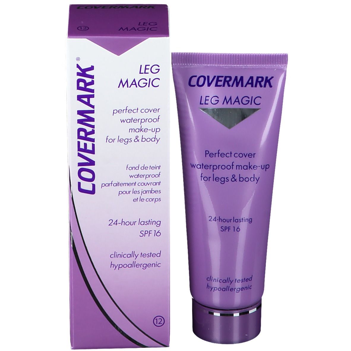 COVERMARK Leg Magic Tube und Verpackung. Lila Tube und Schachtel. Wasserdichtes Make-up für Beine & Körper. SPF 16. Hypoallergen.