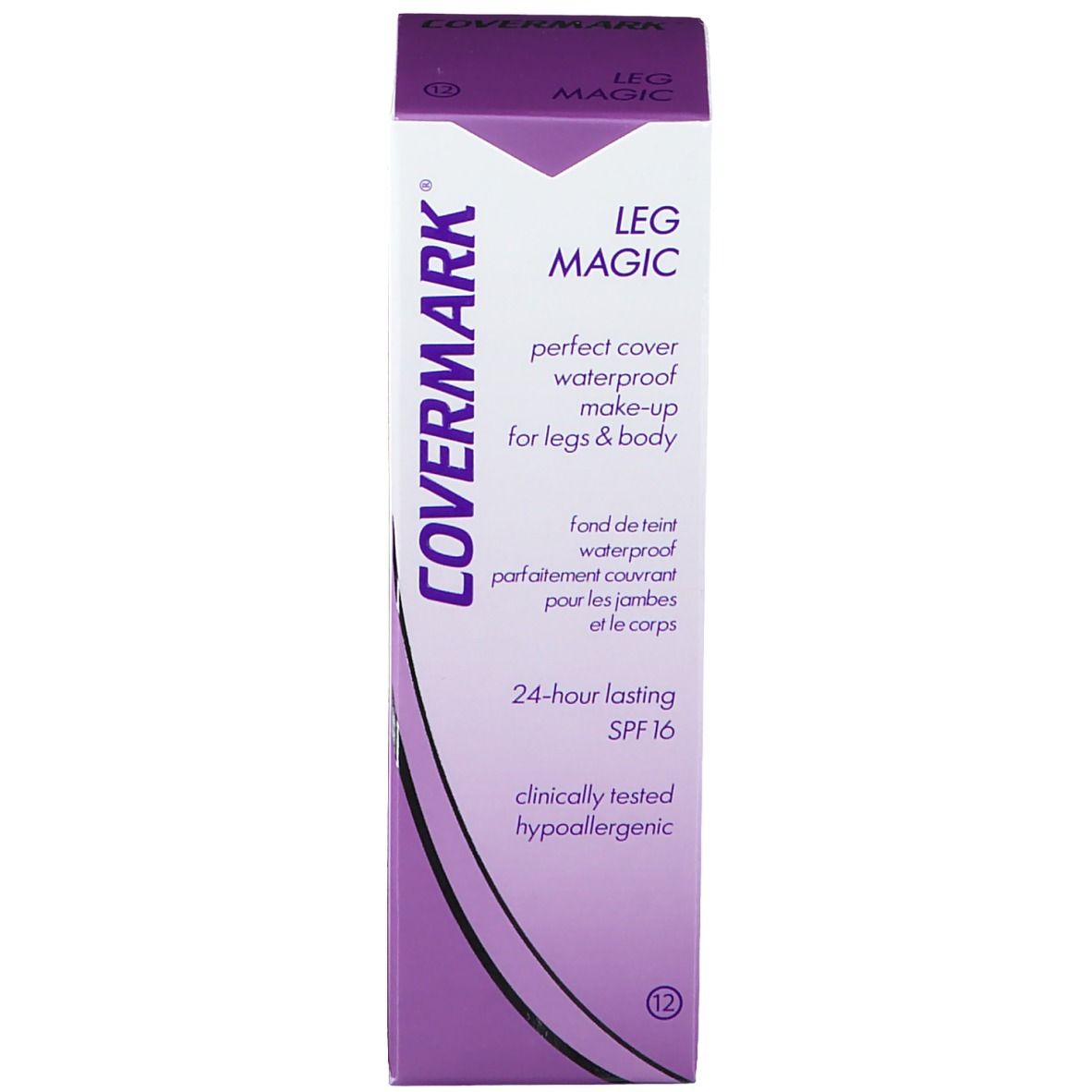 COVERMARK Leg Magic Verpackung. Lila Schachtel mit Produktinformationen. Wasserdichtes Make-up für Beine & Körper. SPF 16.