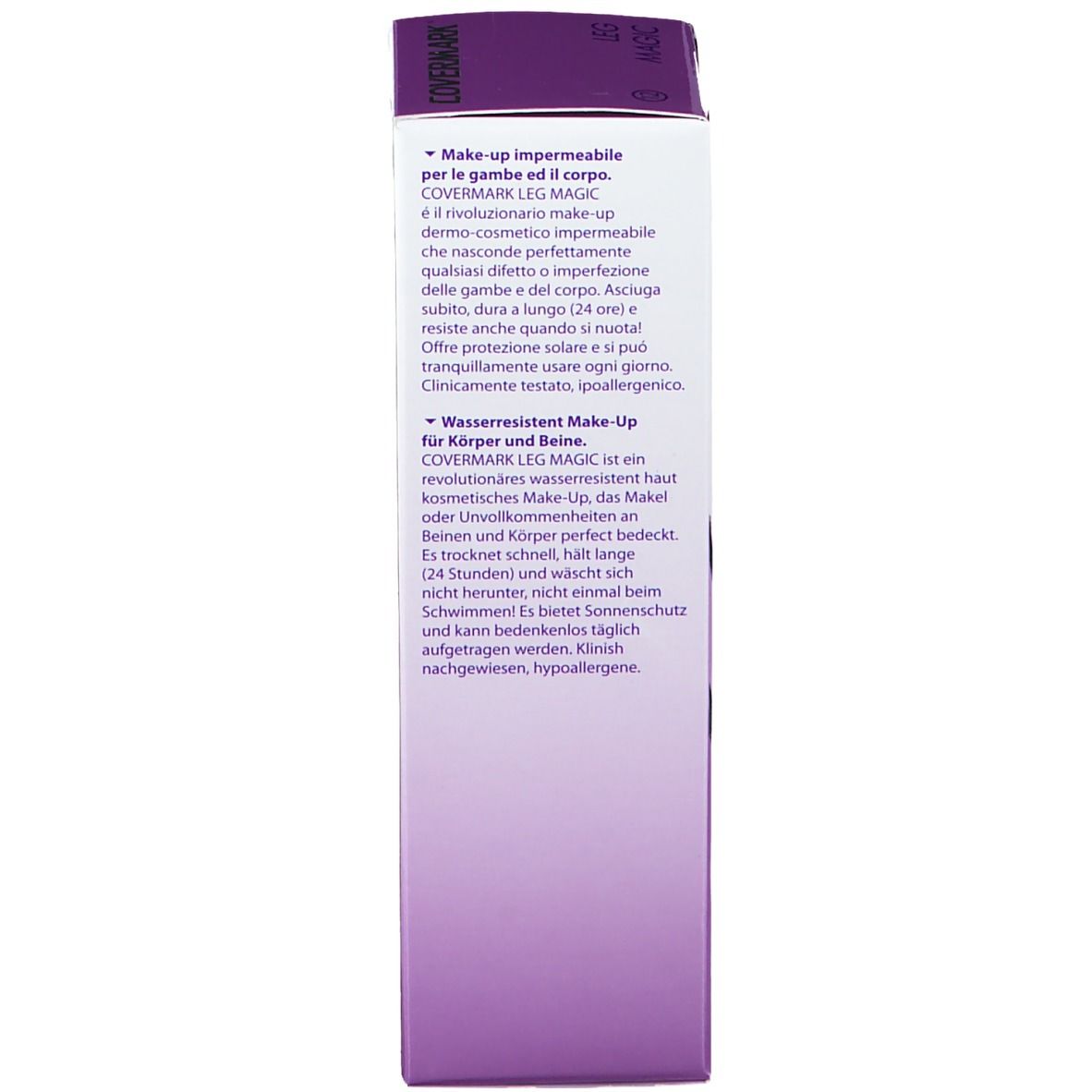 COVERMARK Leg Magic Verpackung. Text: Wasserdichtes Make-up für Körper und Beine. Klinisch getestet. Hypoallergen. Anwendungshinweise.