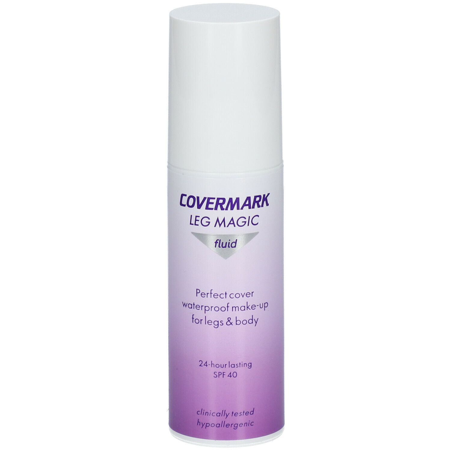 COVERMARK Leg Magic Fluid. Weiße Flasche mit lila Farbverlauf. Text: Perfect cover waterproof make-up for legs & body. SPF 40.