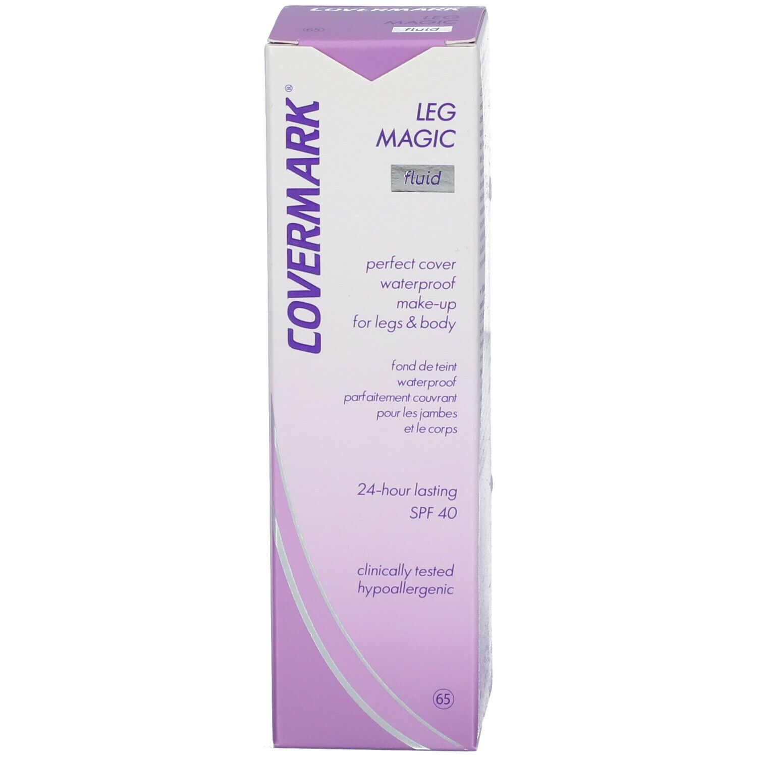 COVERMARK Leg Magic Fluid Verpackung. Weißer Karton mit Text. Text: Perfect cover waterproof make-up for legs & body. SPF 40.