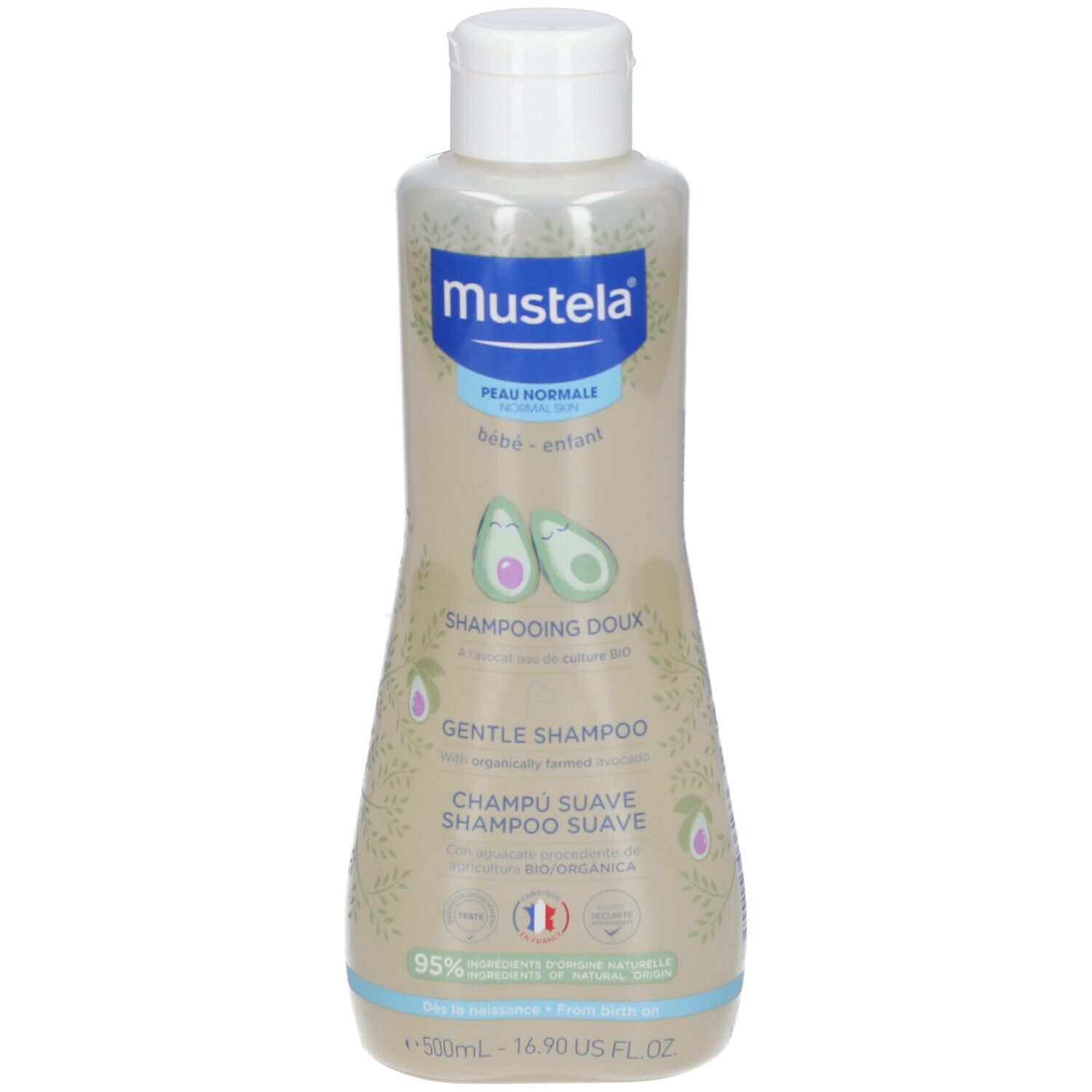 Mustela® Shampoo-Flasche, weißer Deckel, hellbraune Flüssigkeit. Aufschrift: Peau Normale, Bébé-enfant, Shampooing Doux, Gentle Shampoo.