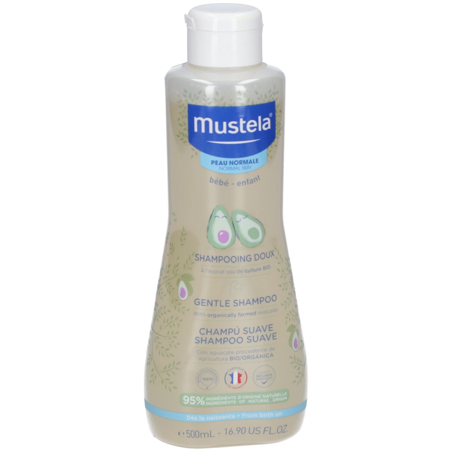 Mustela® Shampoo-Flasche, weißer Deckel, hellbraune Flüssigkeit. Aufschrift: Peau Normale, Bébé-enfant, Shampooing Doux, Gentle Shampoo.