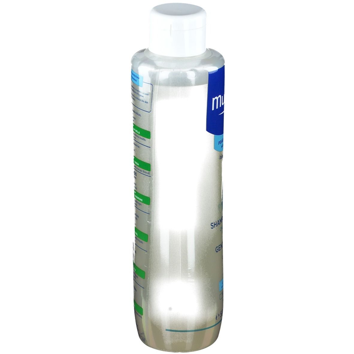 Mustela® Shampoo-Flasche, Seitenansicht. Weißer Deckel, transparente Flüssigkeit. Aufschrift: Mustela, Shampooing Doux, Gentle Shampoo.