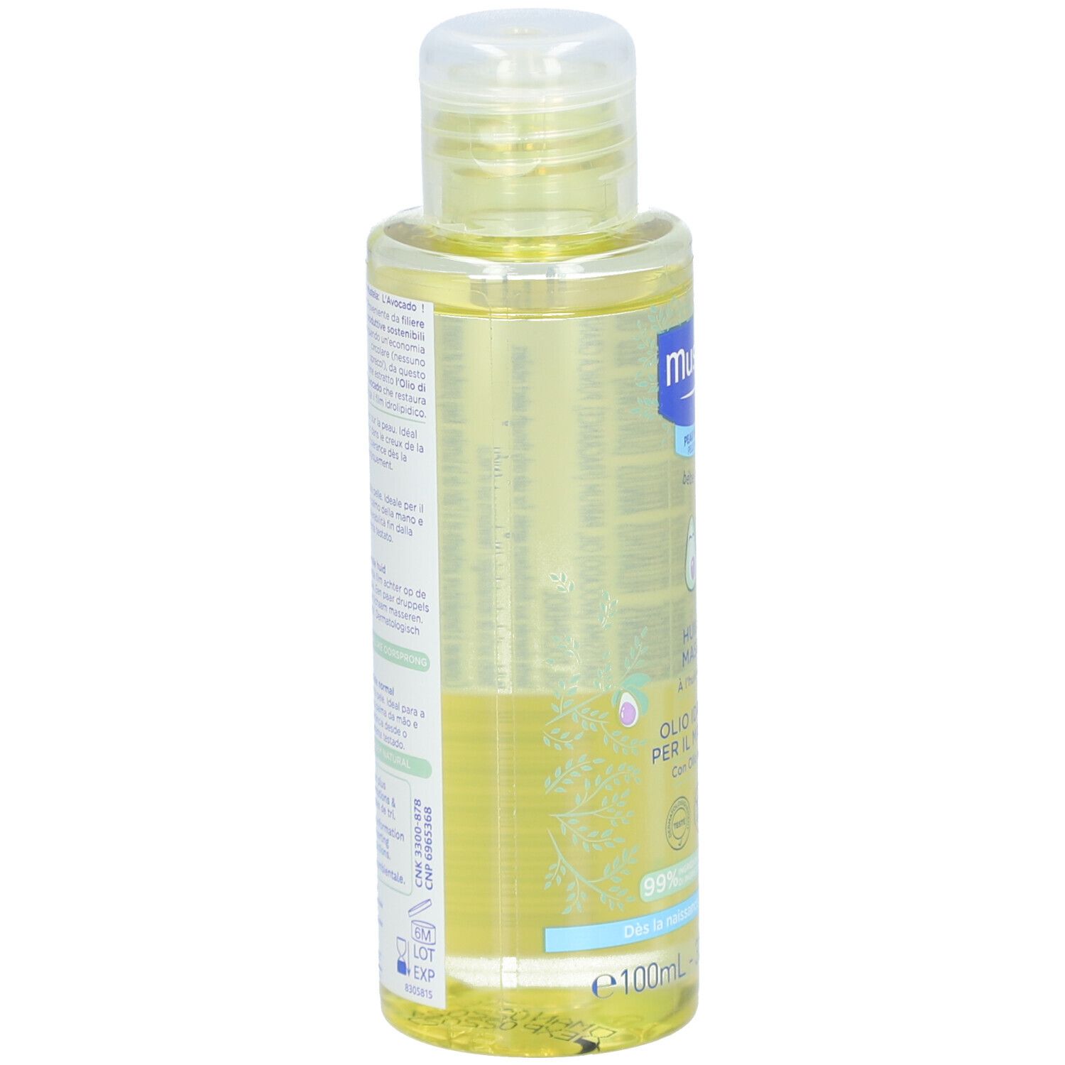 Rückseite der Mustela® Massageöl Flasche. Etikett mit Produktinformationen und Text. Transparente Flasche mit gelber Flüssigkeit.