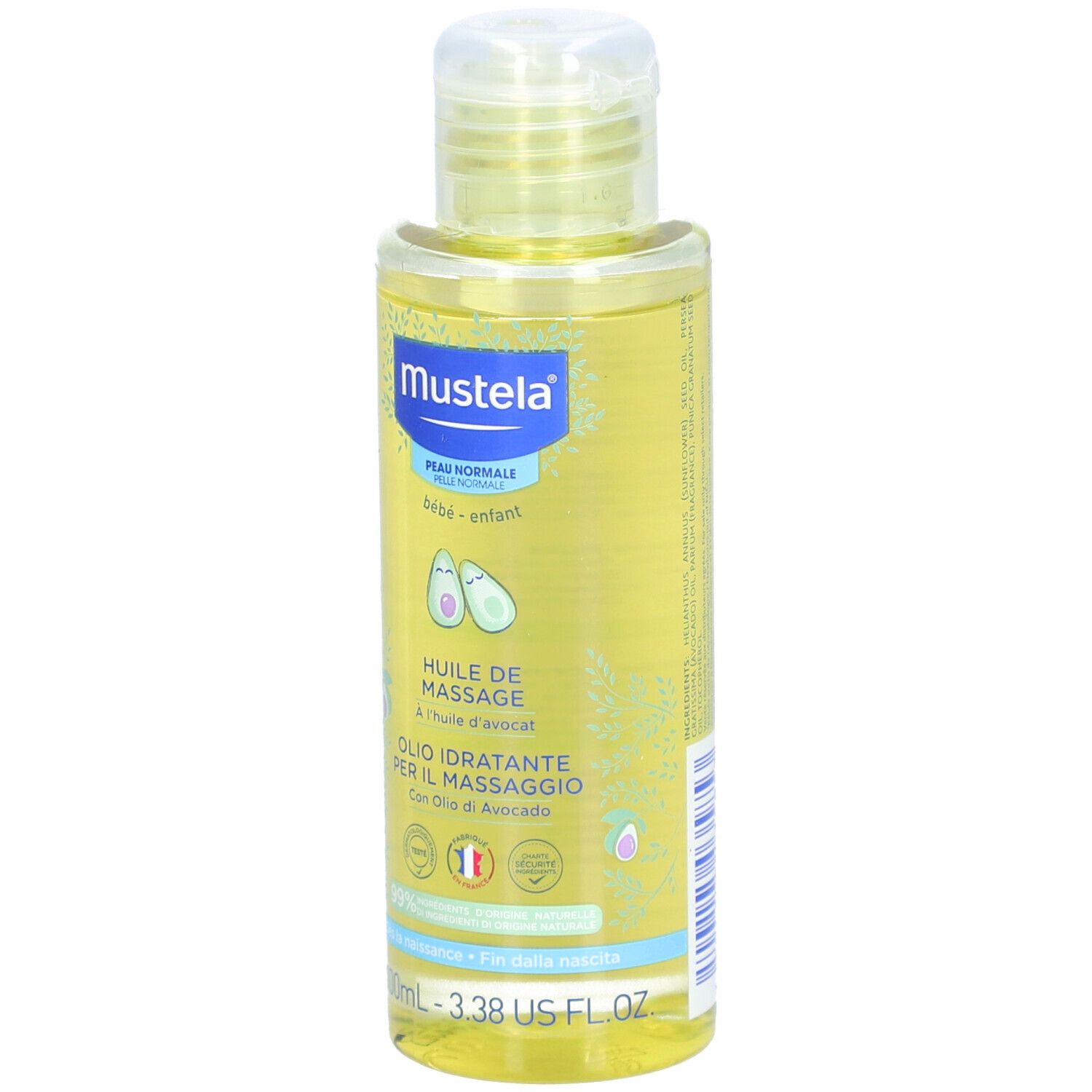 Mustela® Massageöl Flasche. Gelbe Flüssigkeit, weißer Deckel. Etikett mit Avocado-Illustrationen und Produktinformationen.