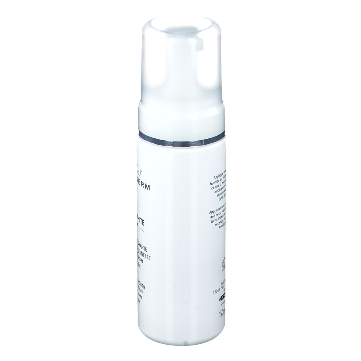 Weiße Flasche INSTITUT ESTHEDERM. Text: Esthe-White System, Reinigungsschaum. Seitliche Ansicht. Klare Kappe.
