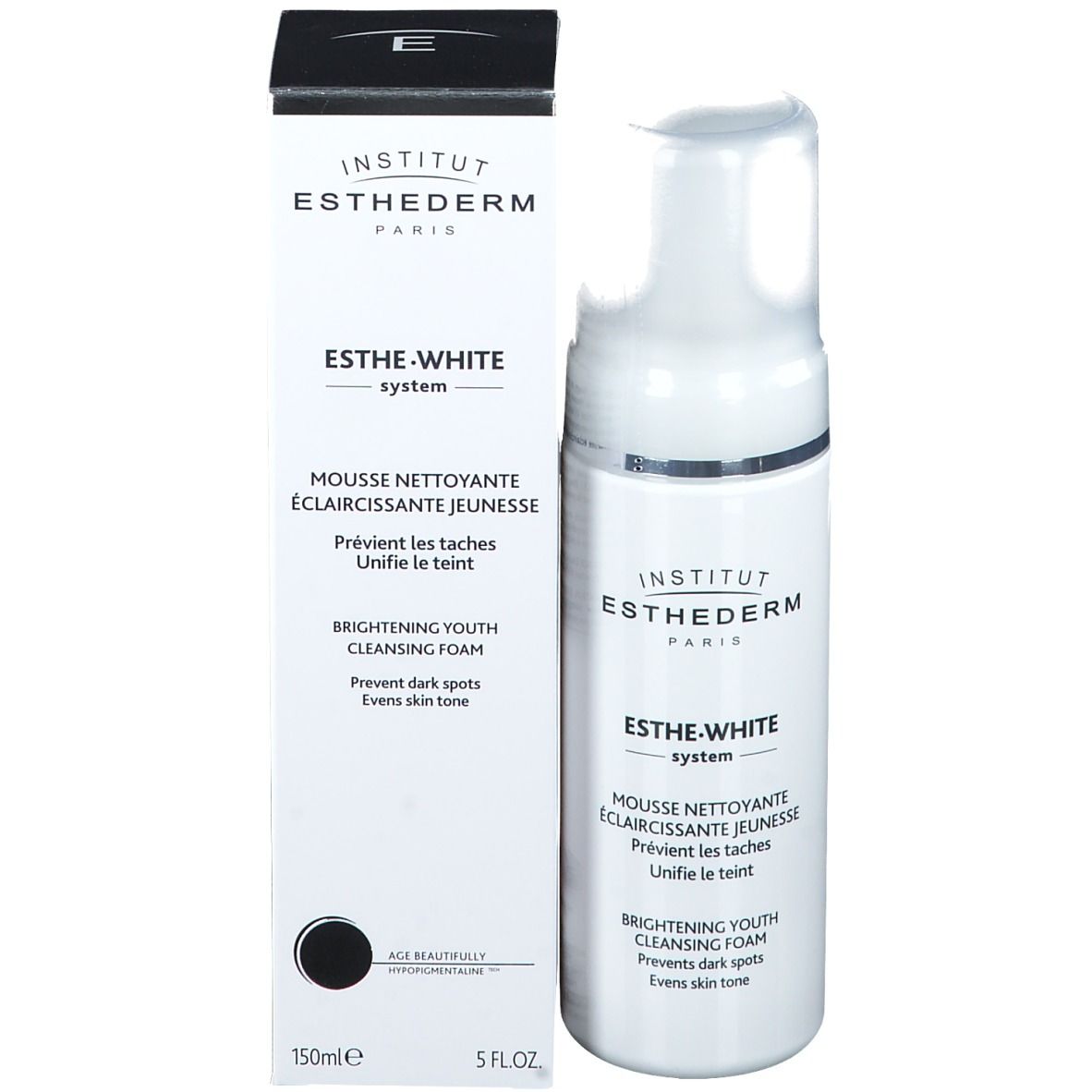 Produkt und Verpackung. INSTITUT ESTHEDERM Esthe-White System Reinigungsschaum. Weiße Flasche und Schachtel.
