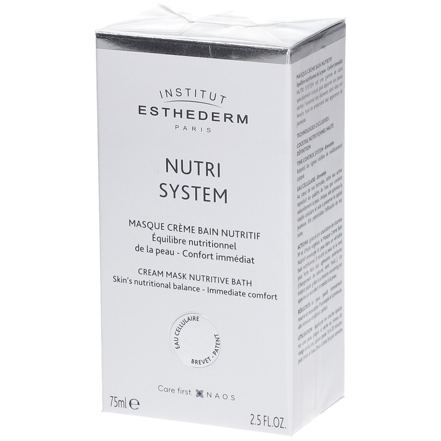 Weißer Karton mit Produktnamen und Logo. Text: Nutri System, Masque Crème Bain Nutritif. 75ml, 2.5 FL.OZ.