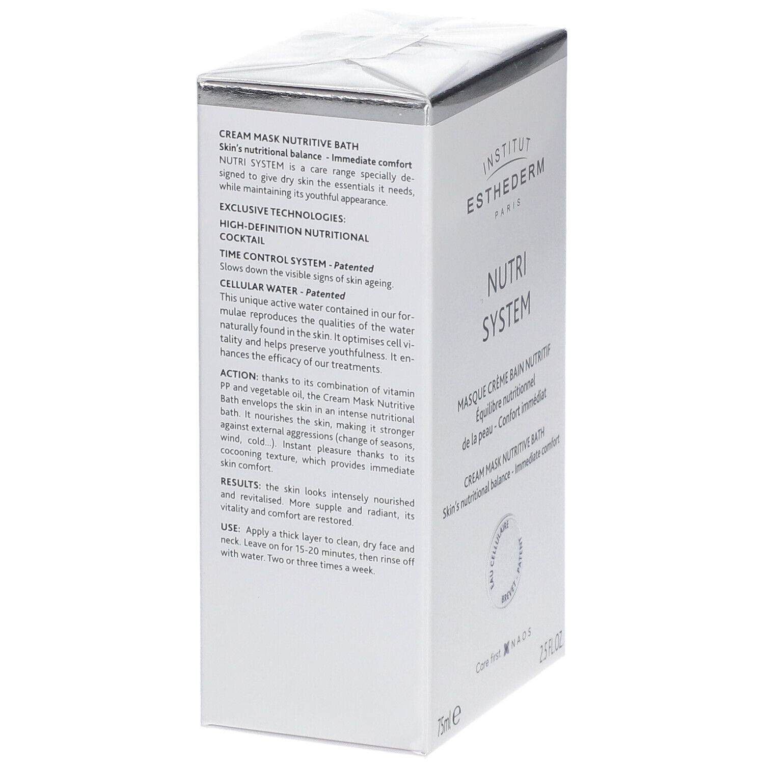 Weißer Karton, Text auf der Seite: Creme Mask Nutritive Bath, exklusive Technologien, Time Control System, Cellular Water.