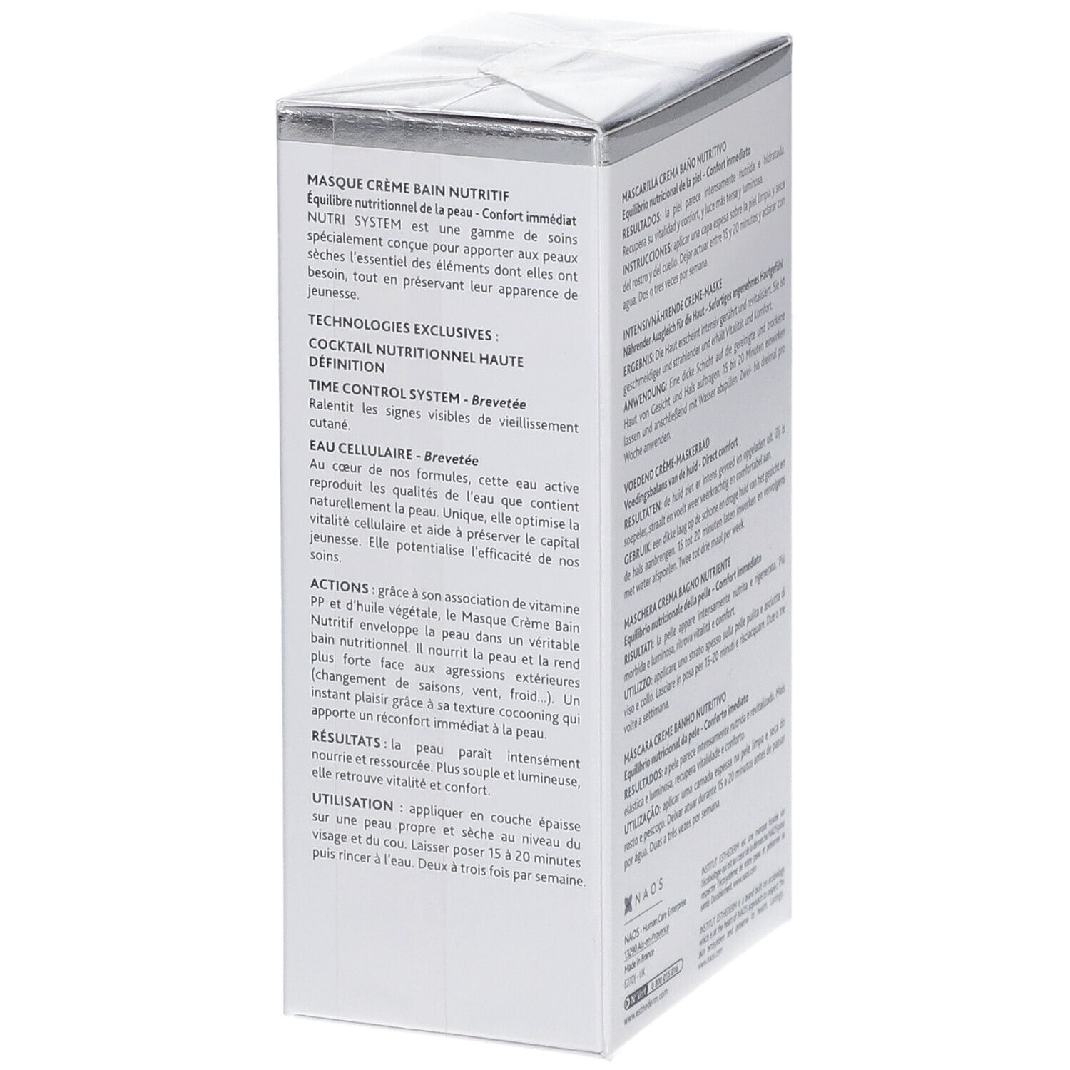 Weißer Karton, Text auf der Seite: Masque Crème Bain Nutritif, exklusive Technologien, Time Control System, Cellular Water.
