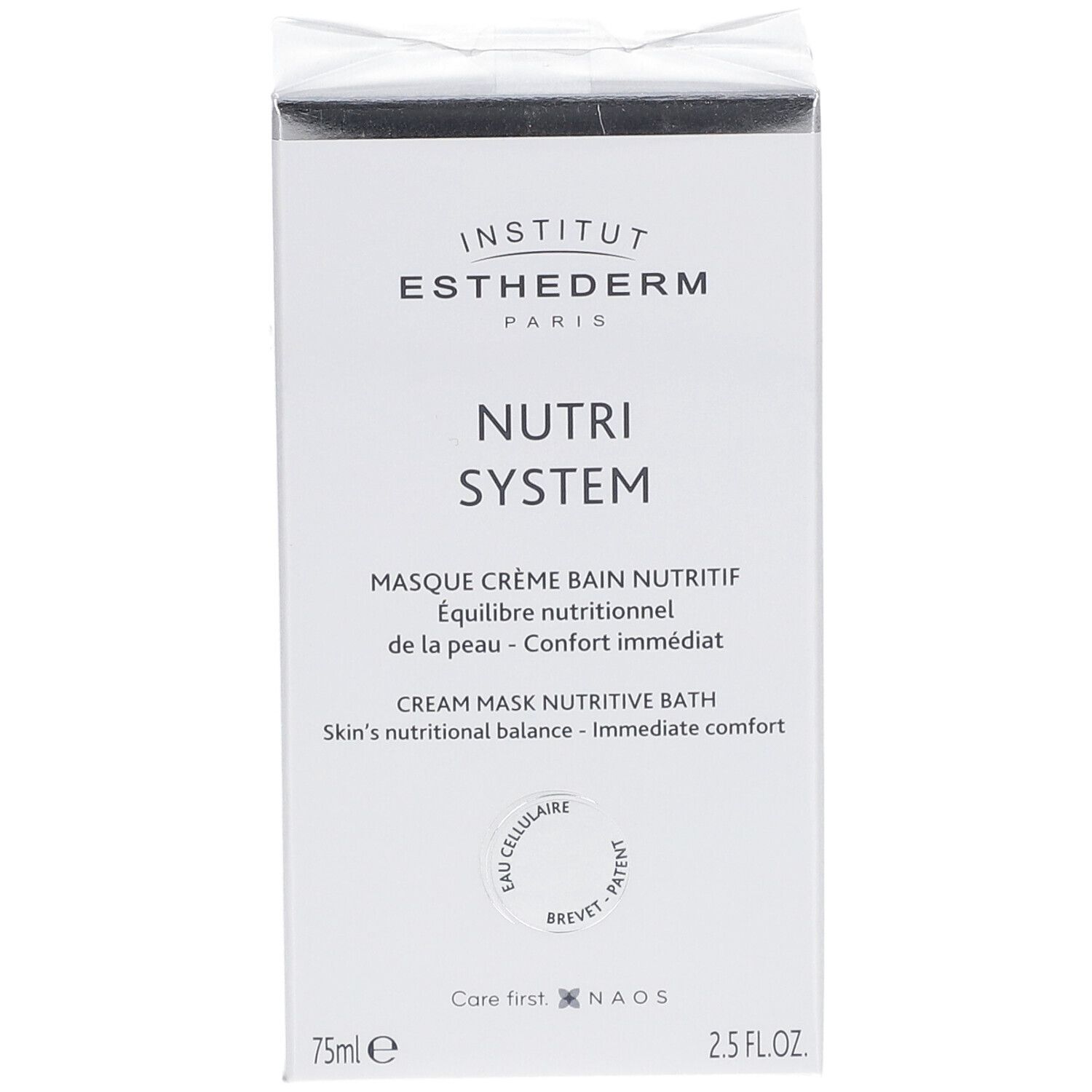 Weißer Karton mit Produktnamen und Logo. Text: Nutri System, Masque Crème Bain Nutritif. 75ml, 2.5 FL.OZ.