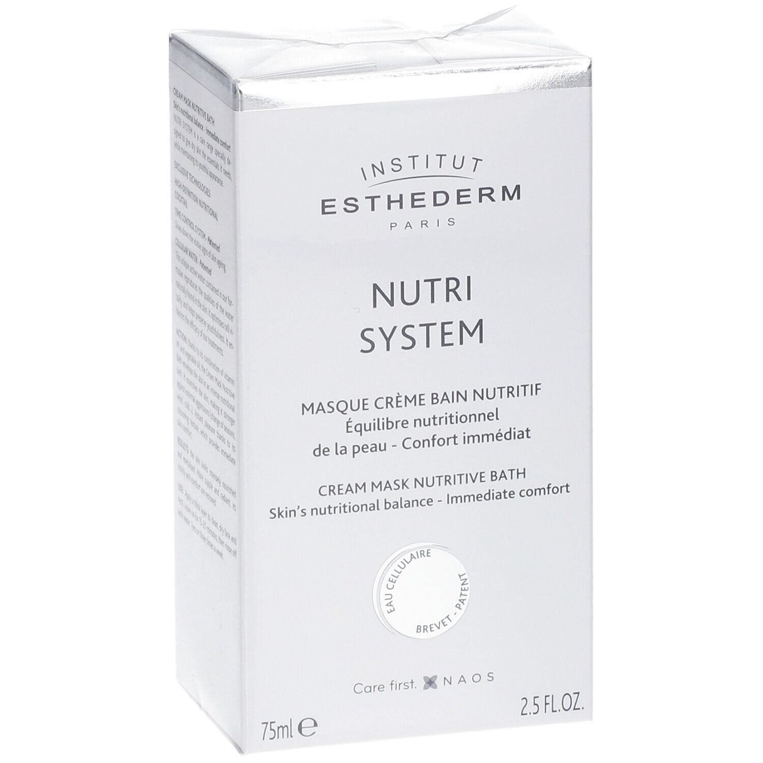 Weißer Karton mit Produktnamen und Logo. Text: Nutri System, Masque Crème Bain Nutritif. 75ml, 2.5 FL.OZ.