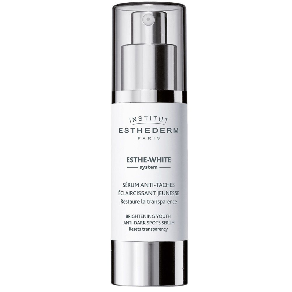 Serumflasche mit Sprühkopf. Aufschrift: INSTITUT ESTHEDERM, ESTHE-WHITE system, Sérum anti-taches, Eclaircissant jeunesse, Restaure la transparence.