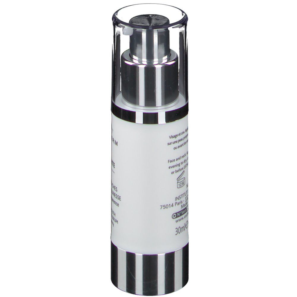 Serumflasche, weiß mit silbernem Sprühkopf. Aufschrift: INSTITUT ESTHEDERM, 30ml, Informationen zur Anwendung, 12M.