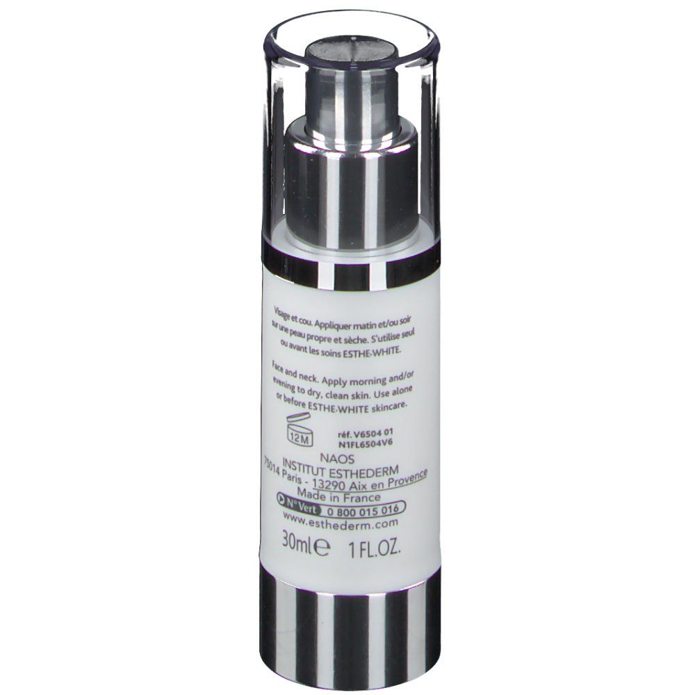 Serumflasche, weiß mit silbernem Sprühkopf. Aufschrift: INSTITUT ESTHEDERM, 30ml, 1 FL.OZ., Informationen zur Anwendung, 12M.