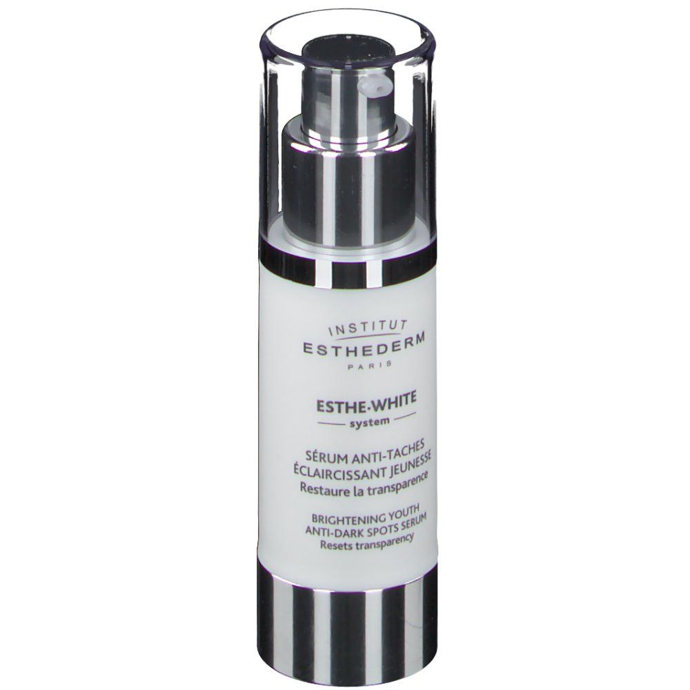 Serumflasche mit Sprühkopf. Aufschrift: INSTITUT ESTHEDERM, ESTHE-WHITE system, Sérum anti-taches, Eclaircissant jeunesse, Restaure la transparence.