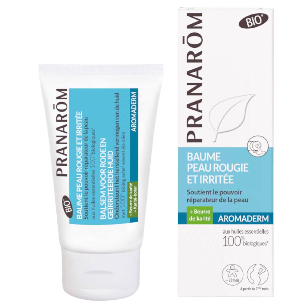 Creme-Tube und Schachtel. Aufschrift: PRANAROM, Baume Peau Rougie et Irritée, Aromaderm. Bio-Zertifizierung.