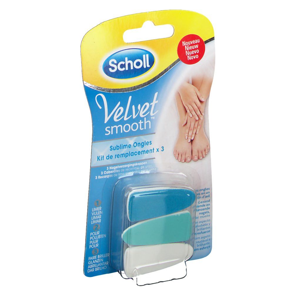 Scholl Velvet Smooth Ersatz-Set. Drei Ersatzköpfe in Blau, Türkis und Weiß. Verpackung mit Produktnamen und Abbildung.